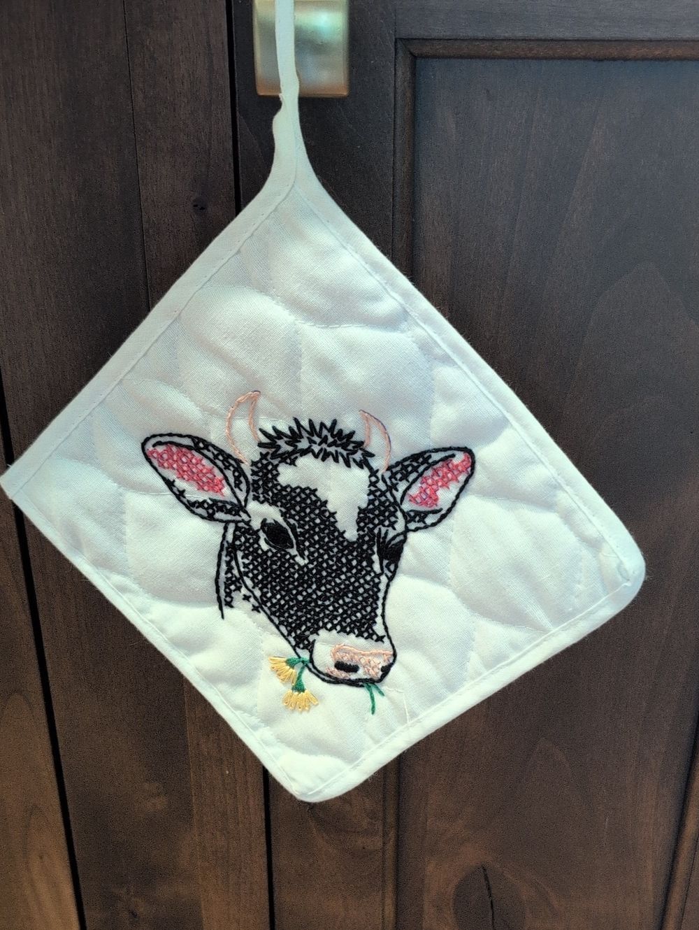 Vintage Handmade Cow Cross-stitch Quilted Square Potholder